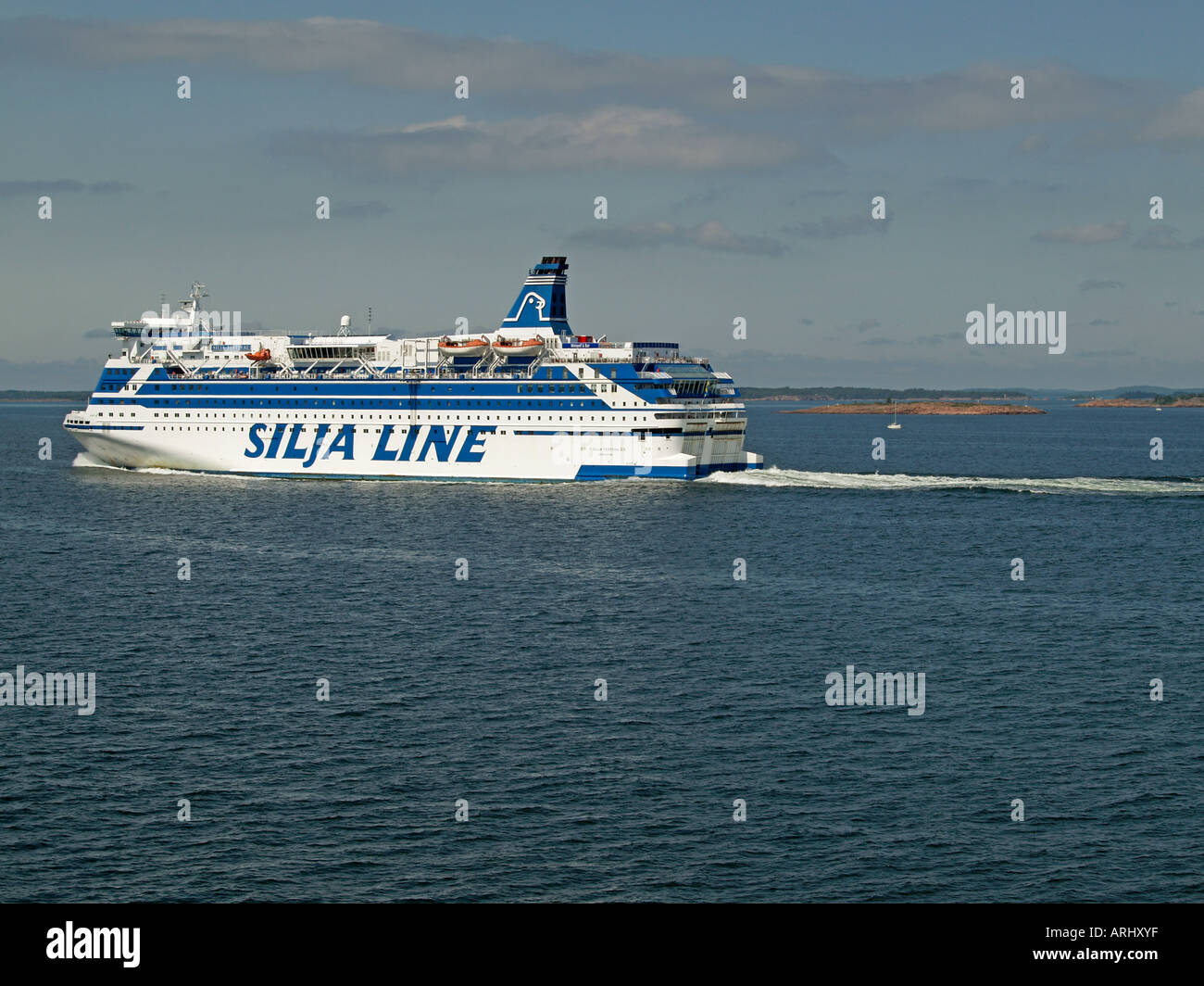 ferry of the shipping company Silja Line on Baltic Sea on the way from Finland to Sweden in the archipel skerries of Aland Ahven Stock Photo