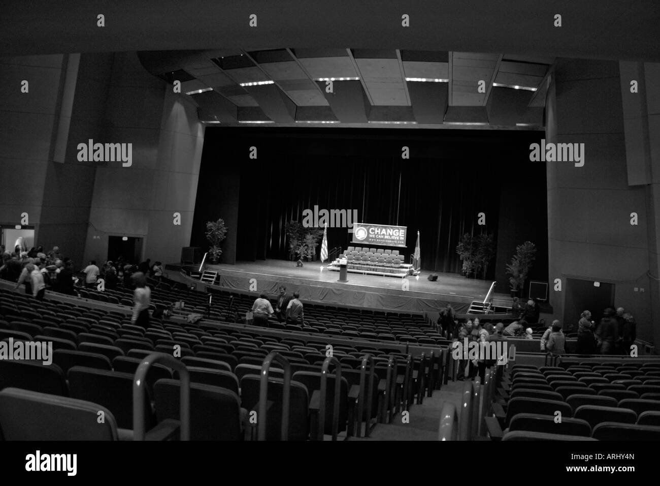 An empty stage, after a speaking event by US Presidential Candidate