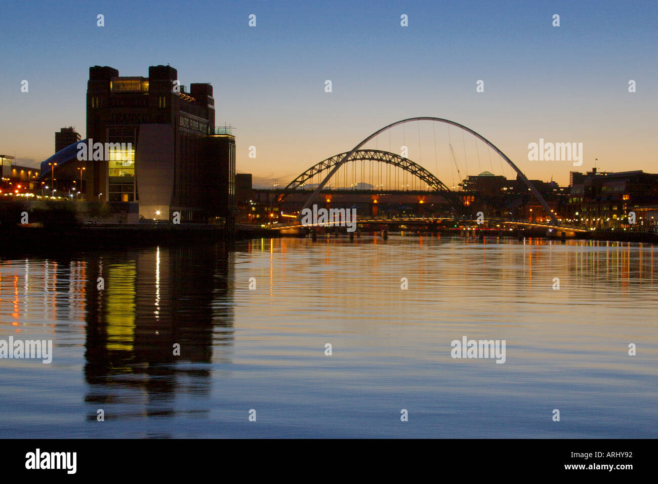 The Baltic Art Gallery Millennium Bridge and High Level Bridge reflected in the River Tyne Newcastle Gateshead UK Stock Photo