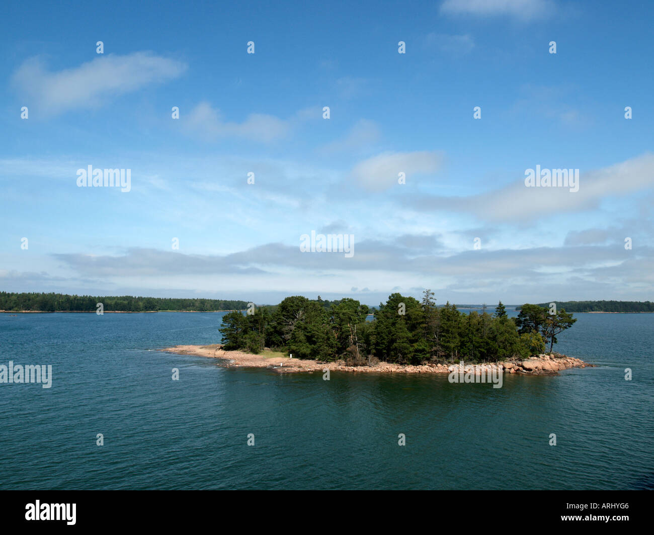 little island skerry on Baltic Sea between Finland and Sweden in the archipel skerries of Aland Ahvenanmaa Stock Photo