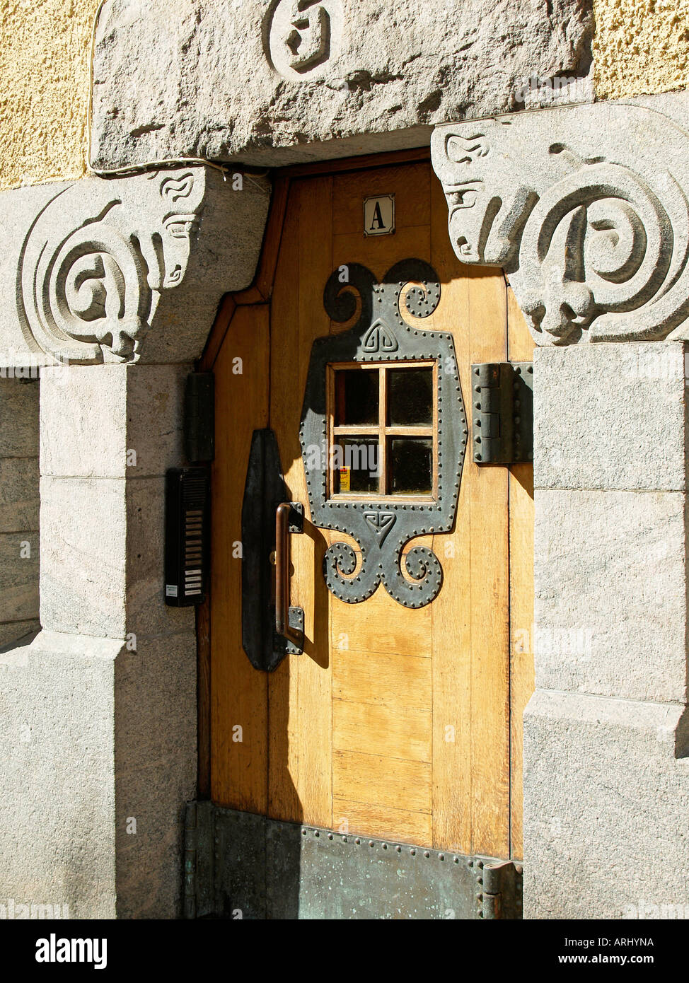 art nouveau Jugendstil house door entrance in the street Luotsikatu in Katajanokka Helsinki Stock Photo