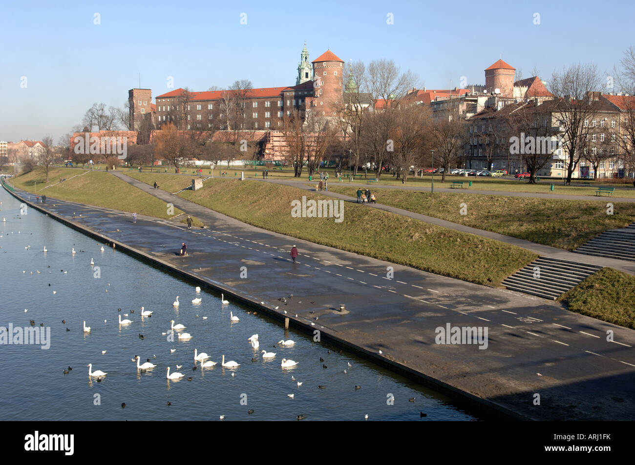 View of Wawel Hill castle and cathedral from bridge over River Wista Krakow Poland Stock Photo