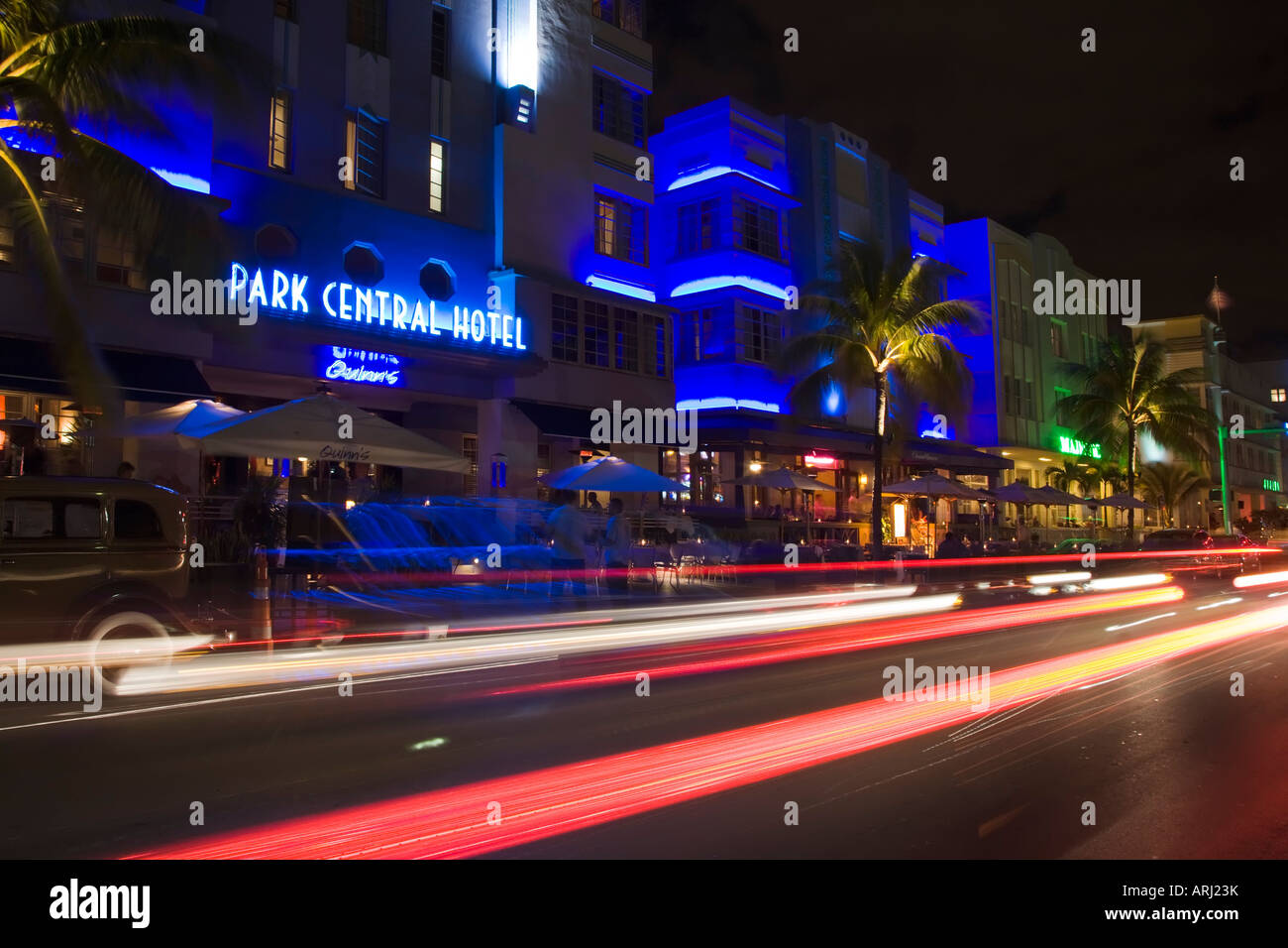 Nighttime in the famous art deco district of Ocean Drive in South Beach Miami Florida United States Stock Photo