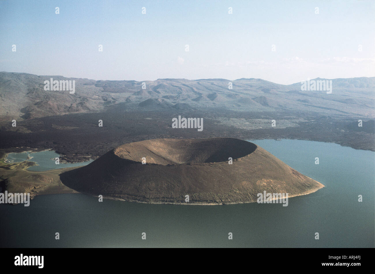 Aerial view of Nabuyatom volcanic cone at the southern end of Lake Turkana northern Kenya East Africa Stock Photo