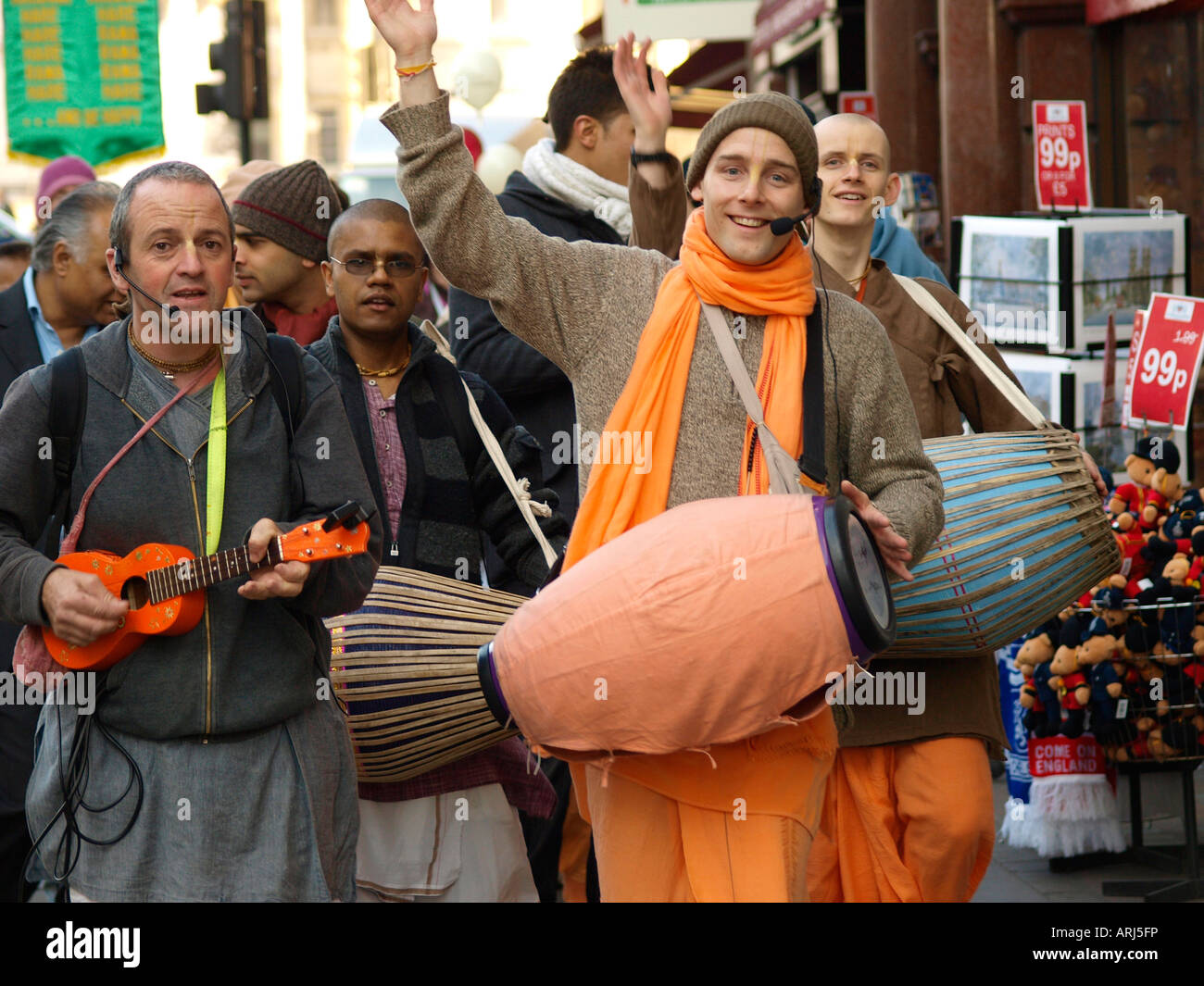 A band of Hare Krishna followers on Whitehall London Stock Photo