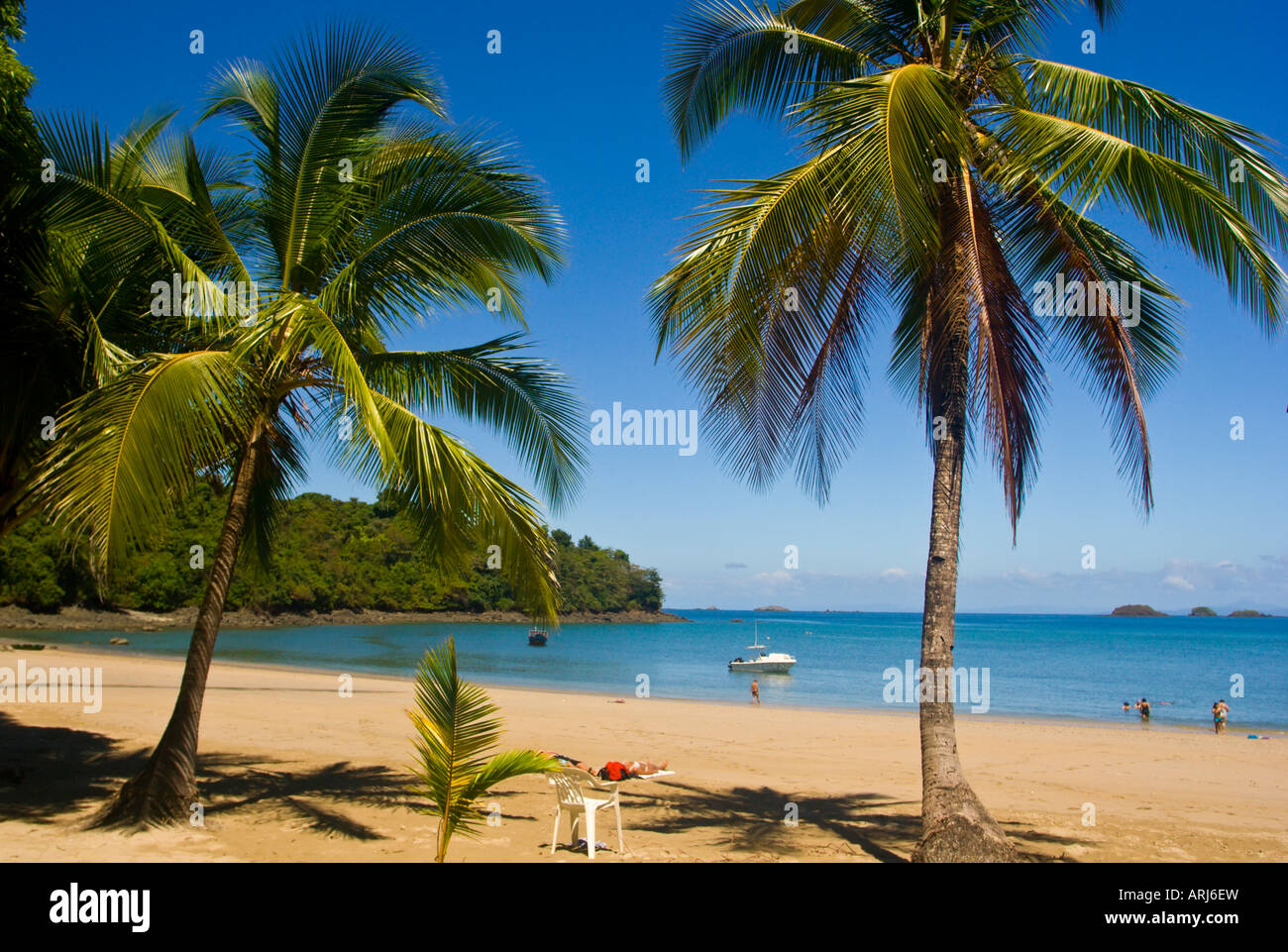 Beach scene on Isla Coiba part of the World Heritage Site Panama Central America Stock Photo