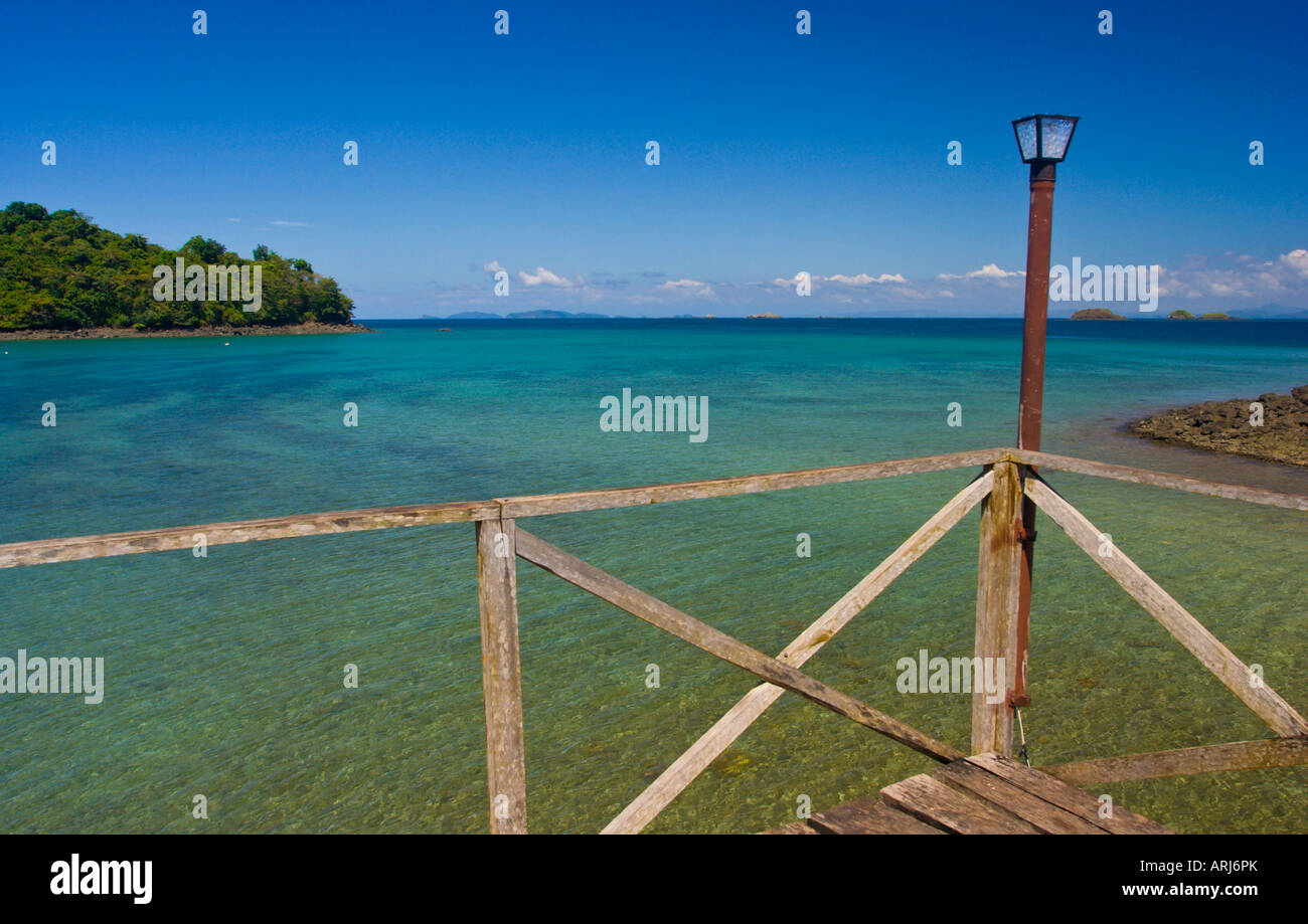 Wooden pier at the former Prison island no world heritage site at Isla Coiba Panama Stock Photo