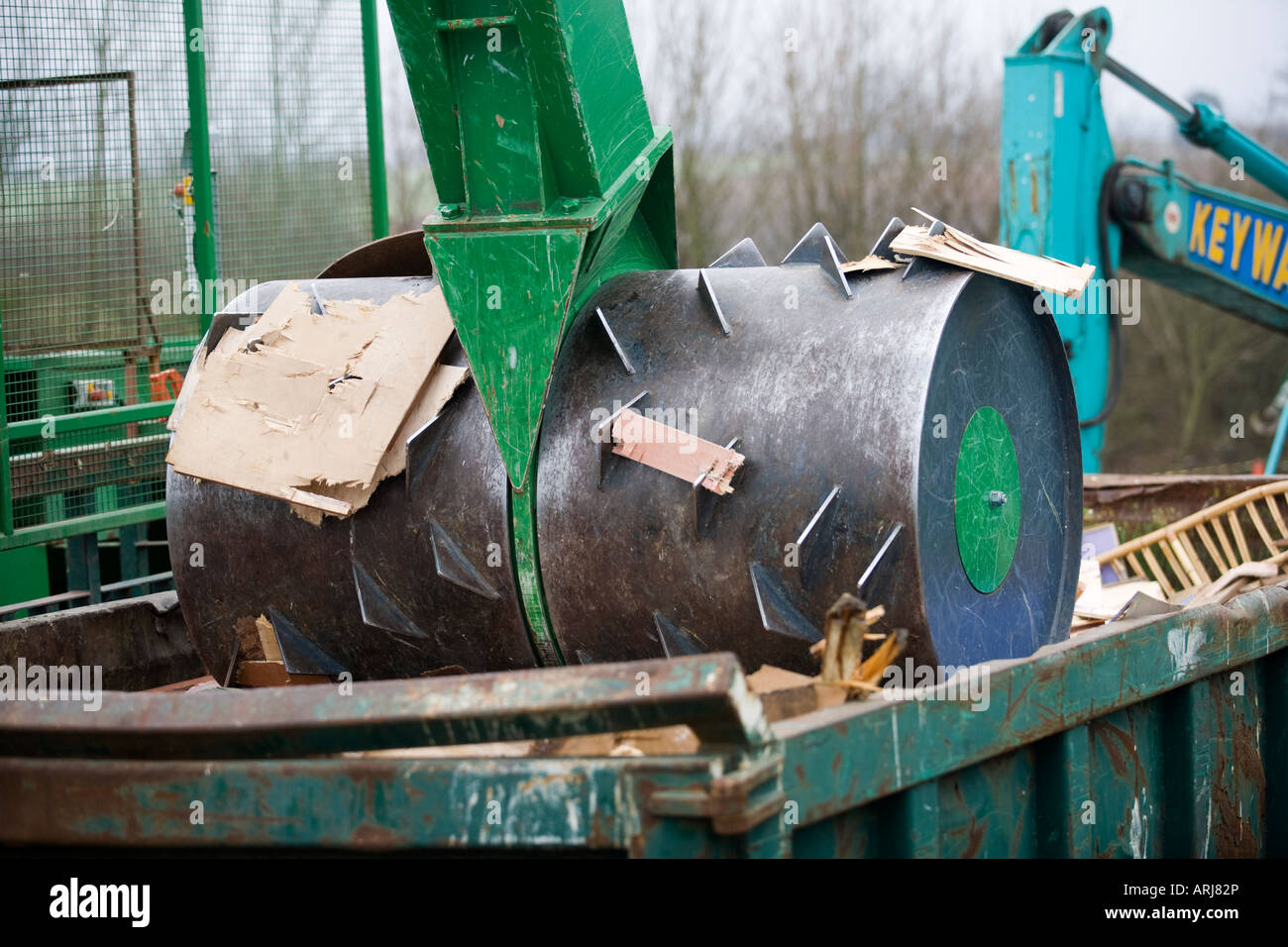 Wood recycling container at a recycling centre, UK Stock Photo