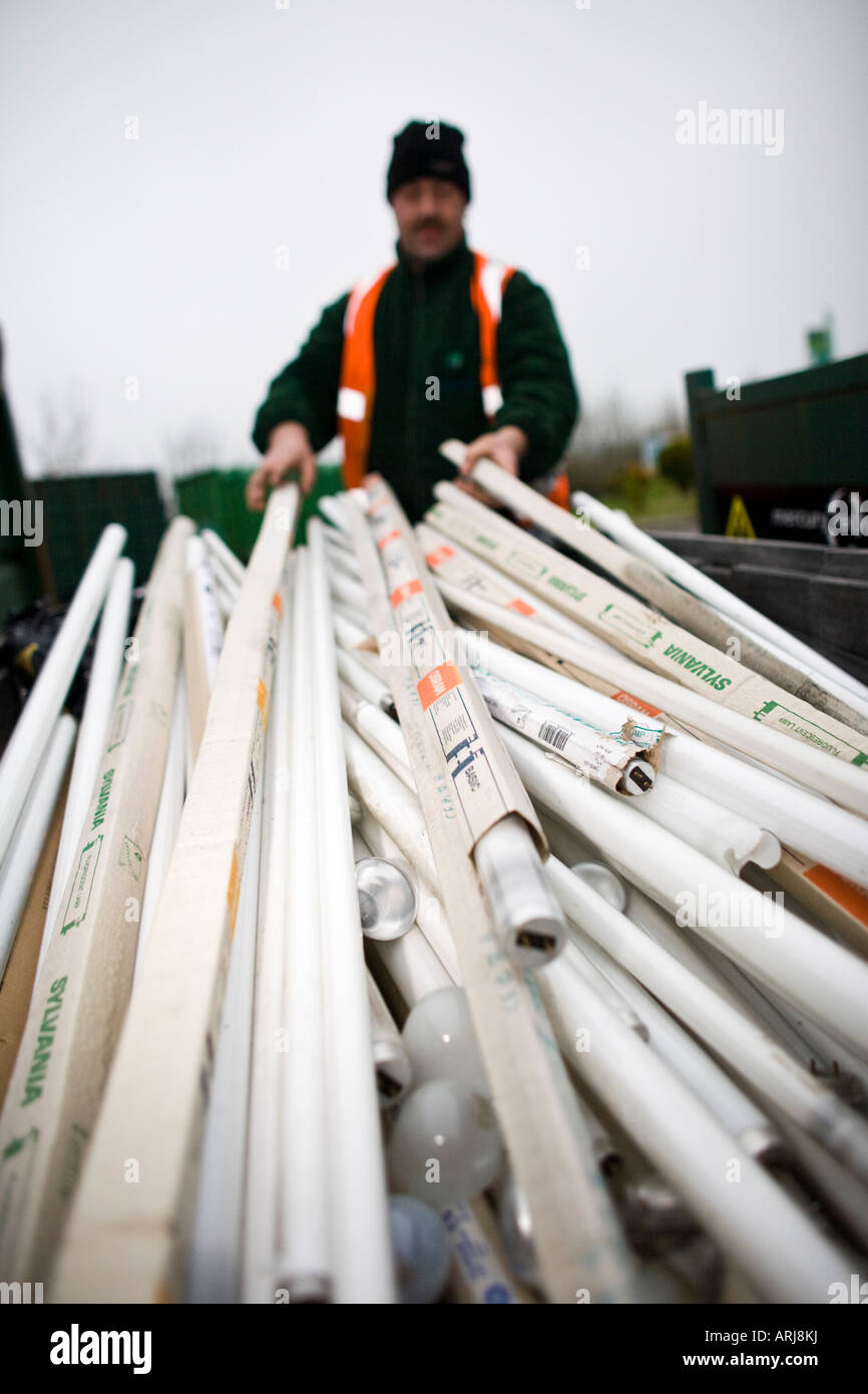 Fluorescent tubes at a recycling centre, UK Stock Photo Alamy