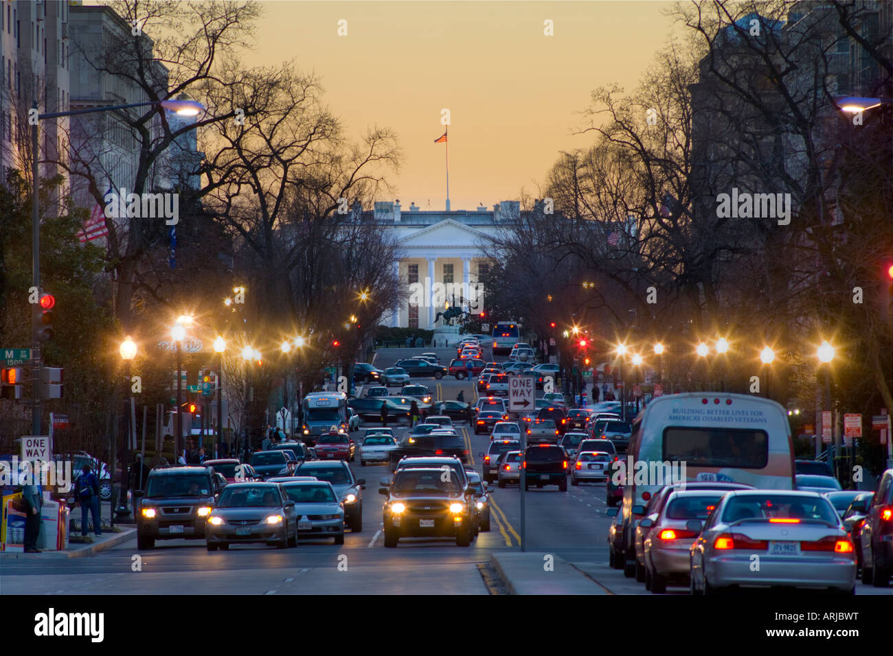 View down 16th Street NW Washington DC with the White House at the end on 1600 Penn Ave Stock Photo