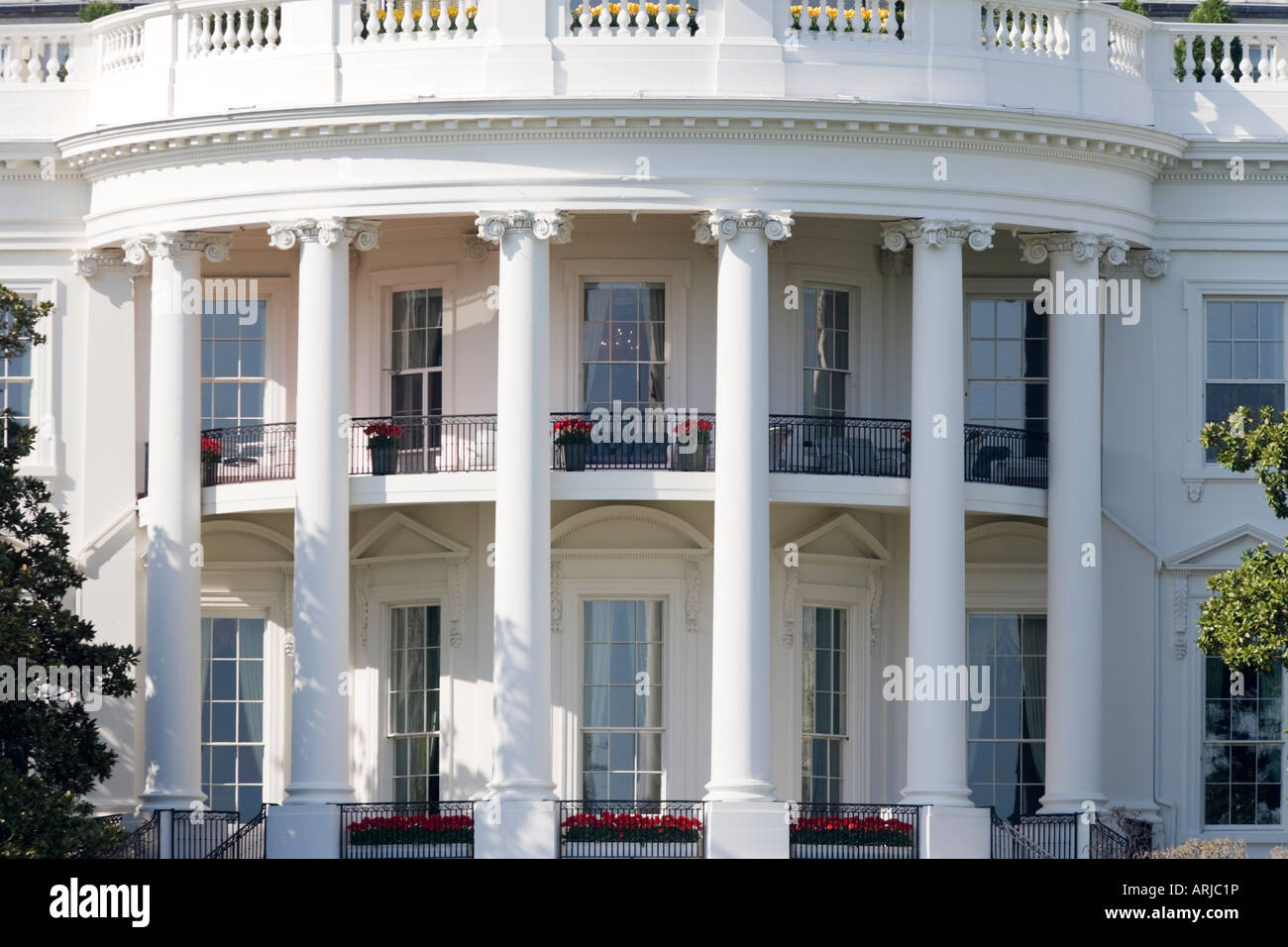 The Truman Balcony with tulips. Close up of the rear of the White House. View from the Ellipse in Washington DC. Stock Photo