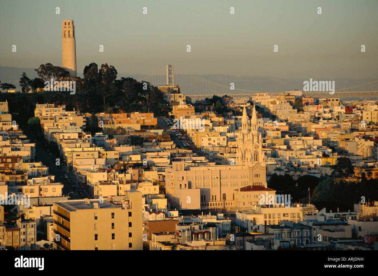 Coit Tower and Telegraph Hill at dusk, San Francisco, California, USA Stock Photo
