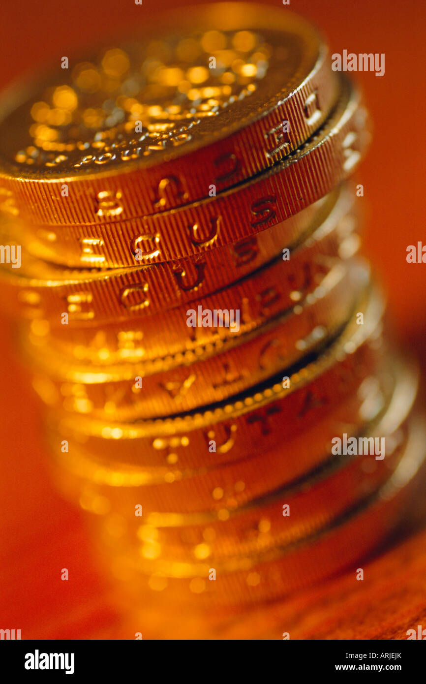 UK currency, stack of one pound coins Stock Photo