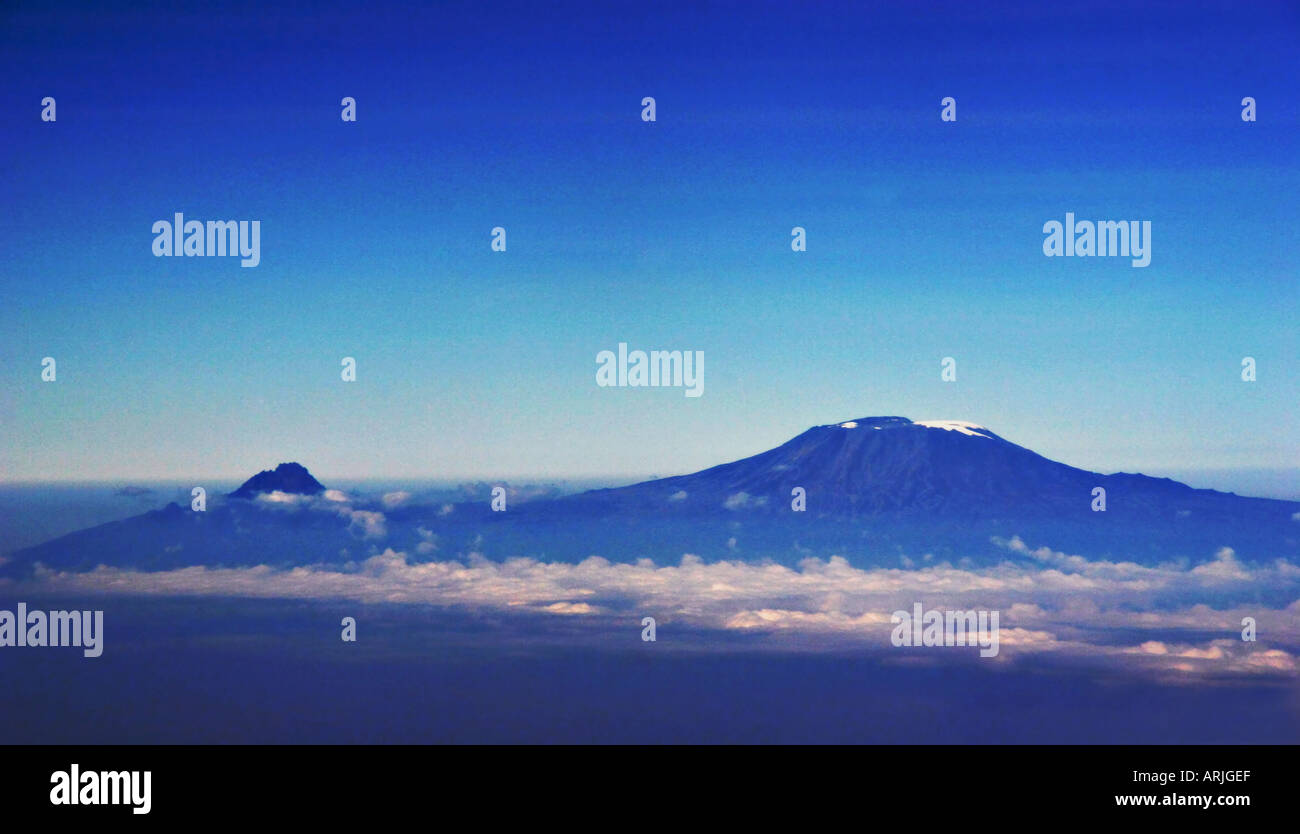 Mount Kilimanjaro 5895m, and Mwenzi peak seen from an aeroplane. Stock Photo