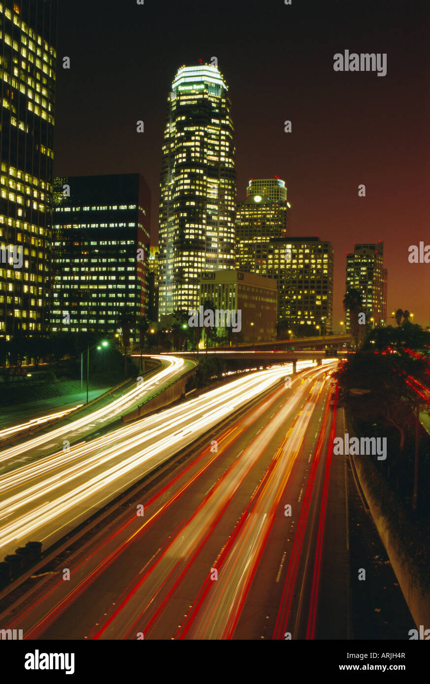 City at night, downtown Los Angeles, California, United States of America (U.S.A.), North America Stock Photo