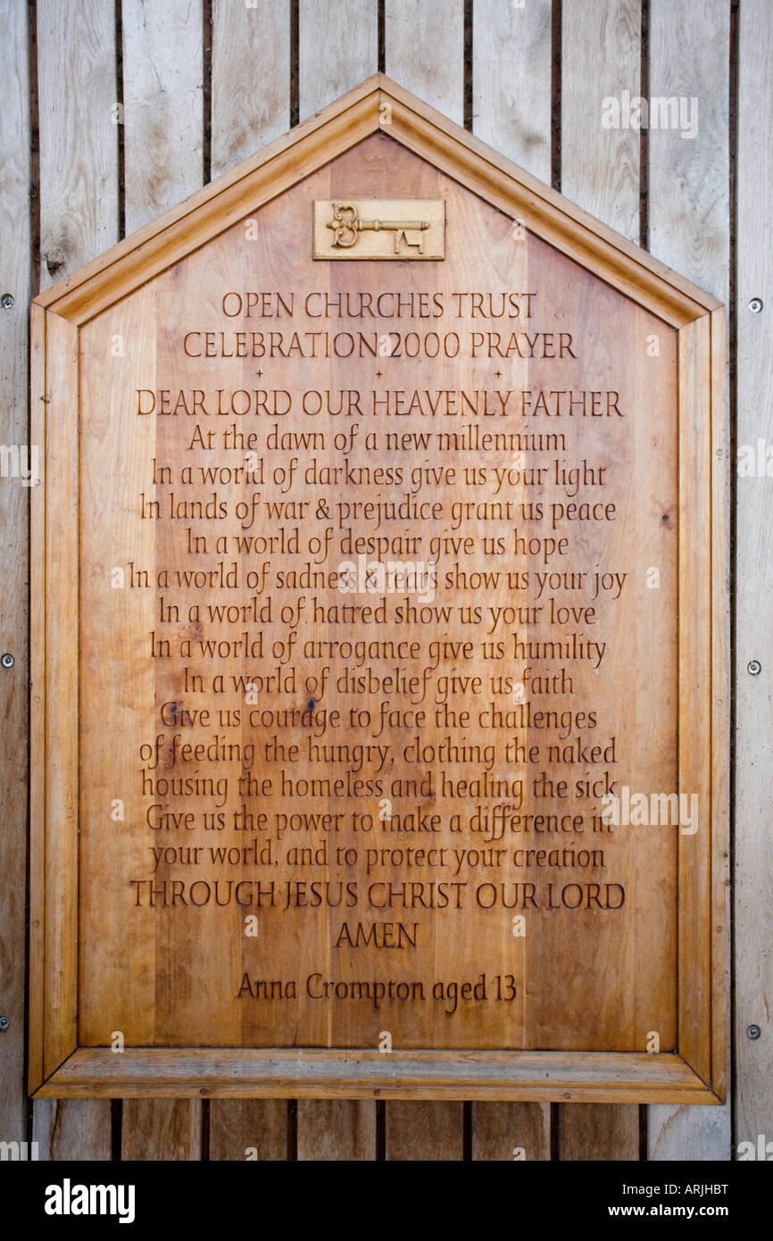 wooden ingraved prayer open churches trust The National Memorial Arboretum near Lichfield Stock Photo