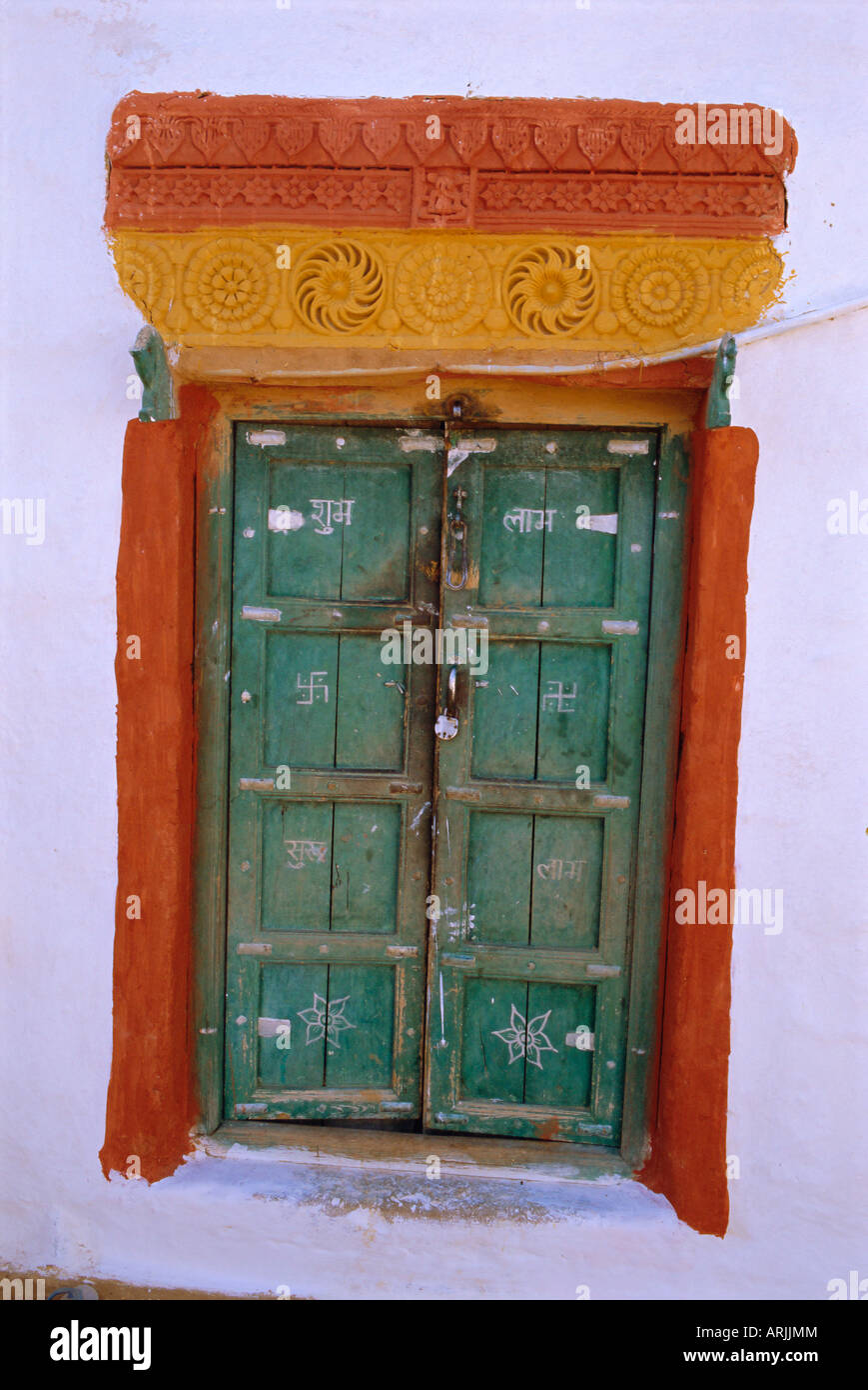 Painted window, Barmer, Rajasthan, India, Asia Stock Photo