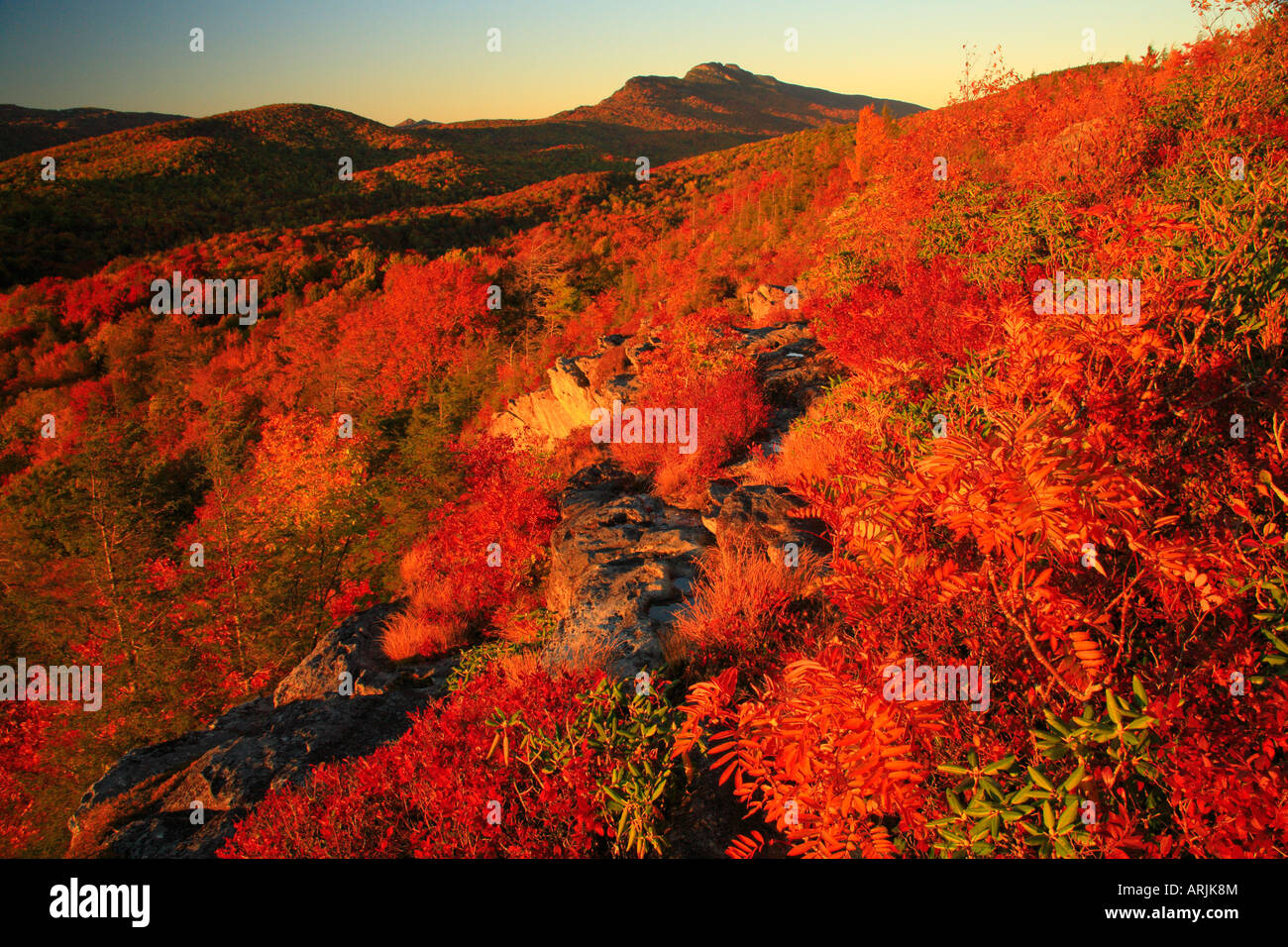 Sunset View of Grandfather Mountain from Flat Top, Blue Ridge Parkway, North Carolina, USA Stock Photo