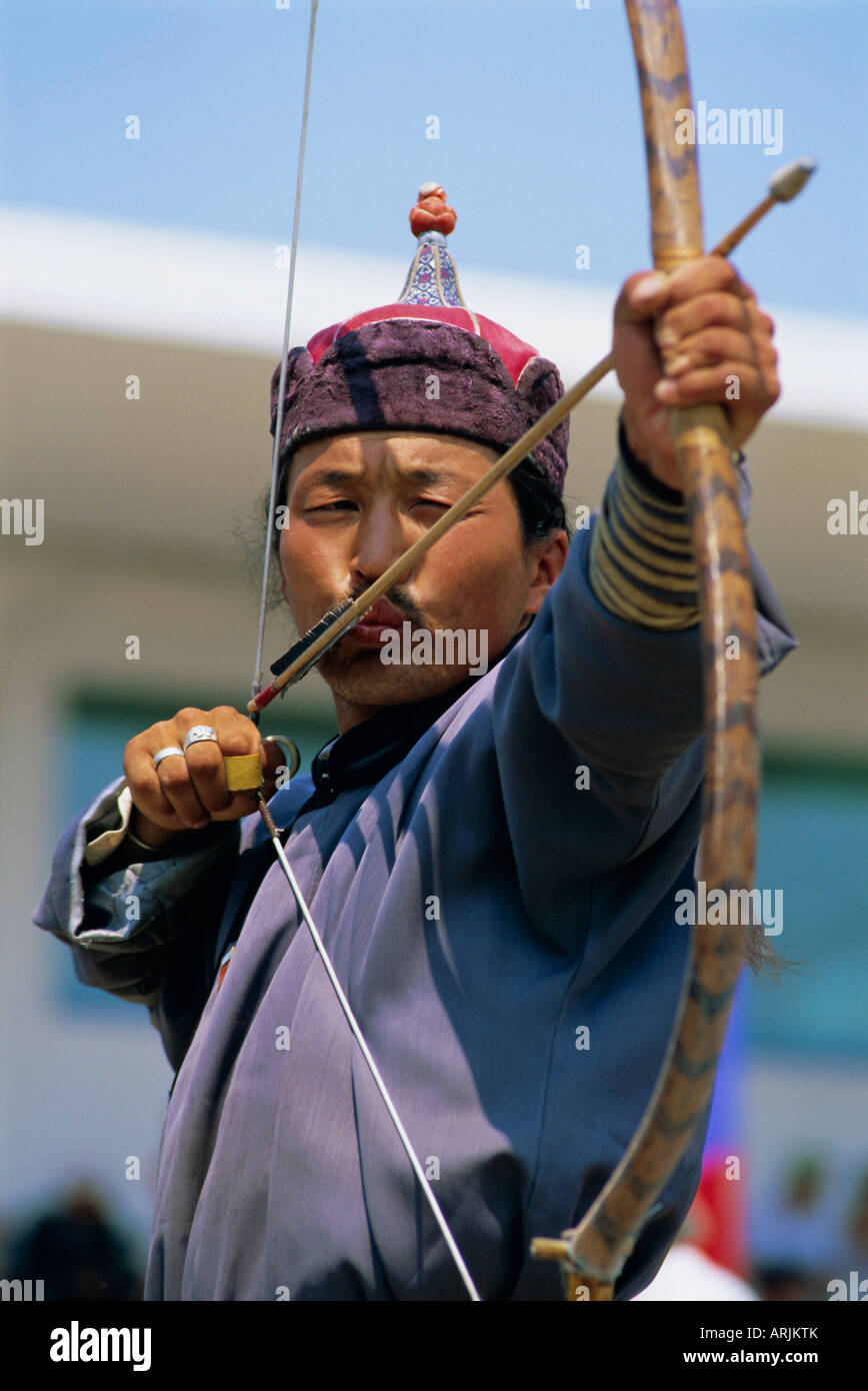 Archer at the Naadam Festival, Ulaan Baatar (Ulan Bator), Mongolia, Asia Stock Photo