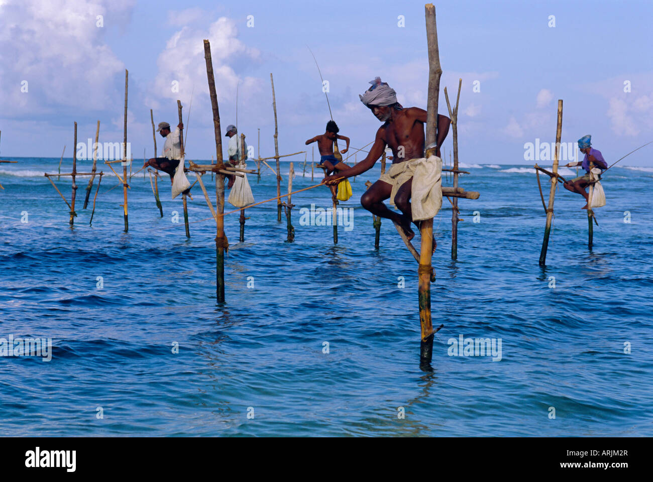 Stilt fishermen at Welligama, south coast, Sri Lanka, Indian Ocean ...