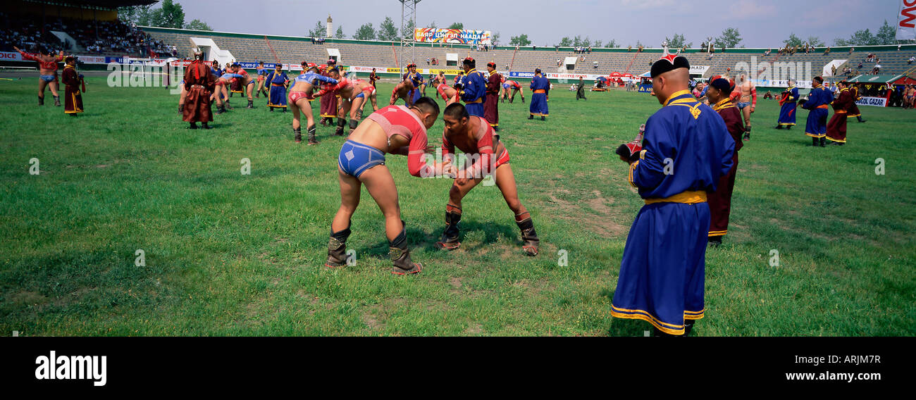 Wrestlers at tournament, Naadam festival, Tov Province, Mongolia, Central Asia, Asia Stock Photo
