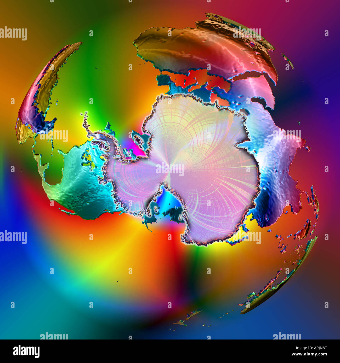 Explosively beautiful rendering centered on Antarctica in soft pastel tones  surrounded by continents in vibrant metallic hues Stock Photo - Alamy
