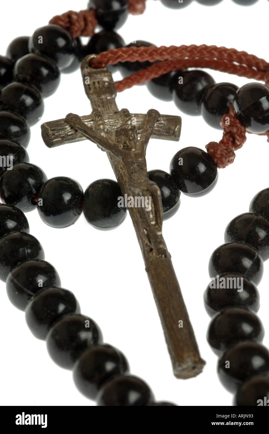 Rosary, rosary beads, Rosary showing Jesus on the cross Stock Photo