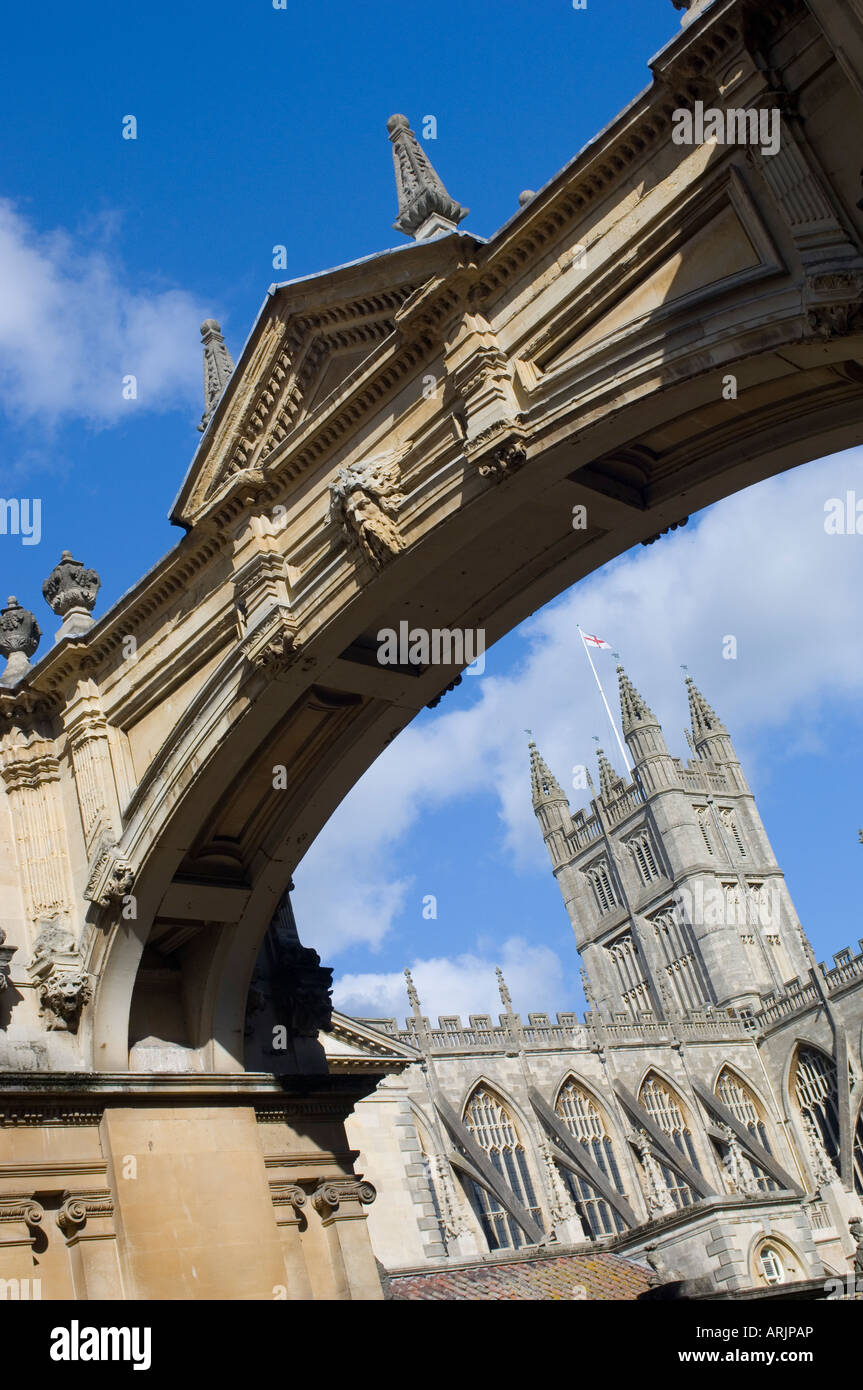 A view through an arch of the historic Abbey in the centre of Bath, Somerset, England Stock Photo