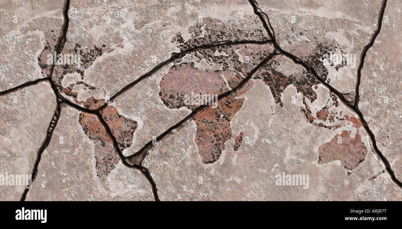 Map of the World in stone Colors reflects climate zones and density of moss reflects density of population Stock Photo