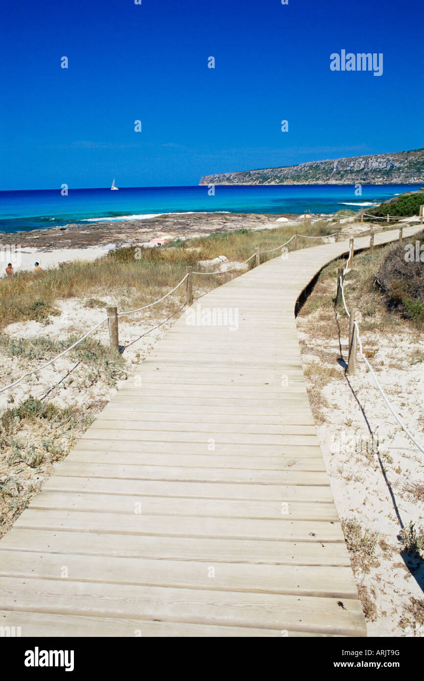 Wooden gangway at Playa de ses Illetes beach, Formentera, Balearic Islands, Spain, Mediterranean, Europe Stock Photo