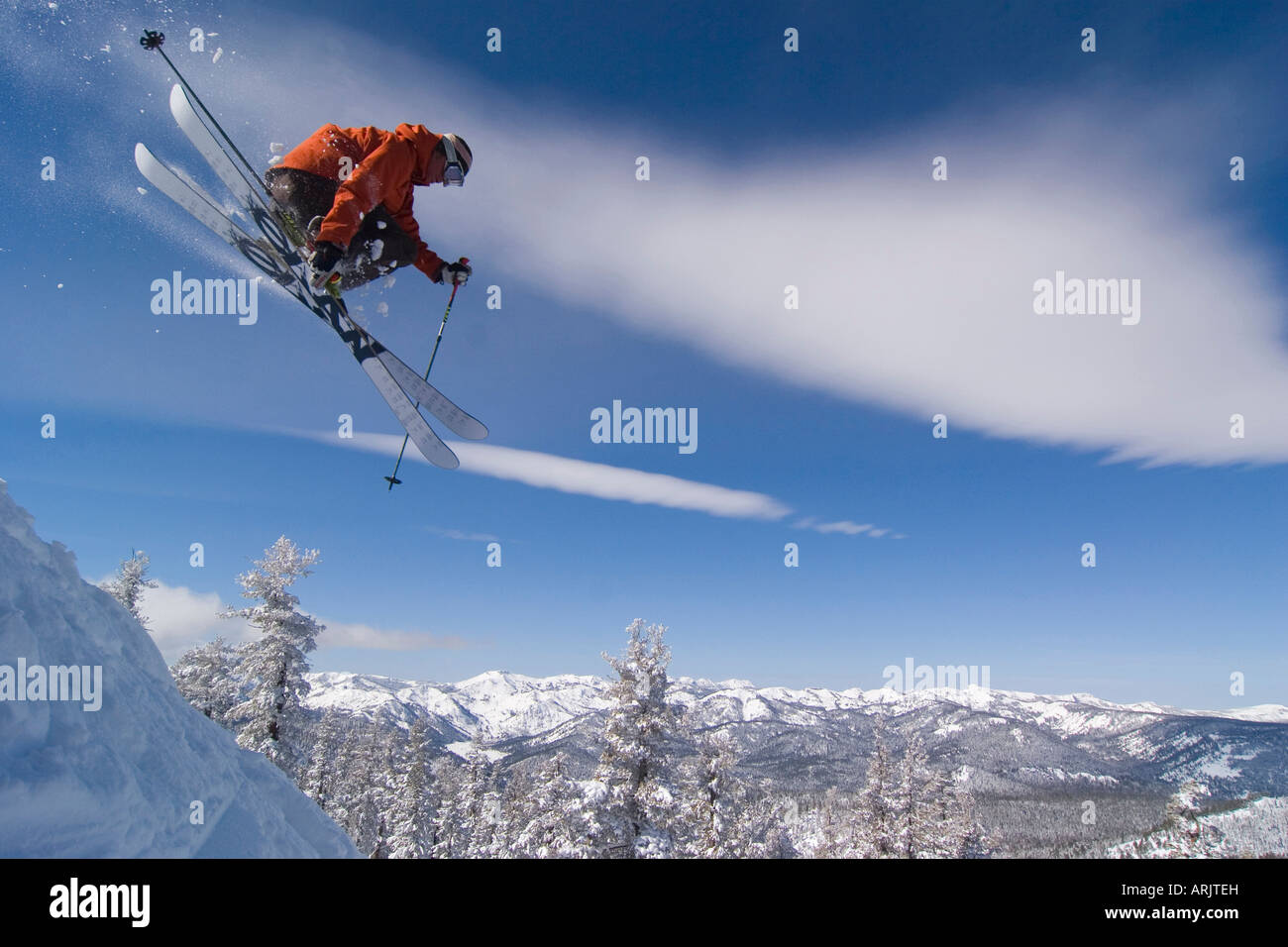 Side profile of a man skiing on snow, Lake Tahoe, California, USA Stock Photo