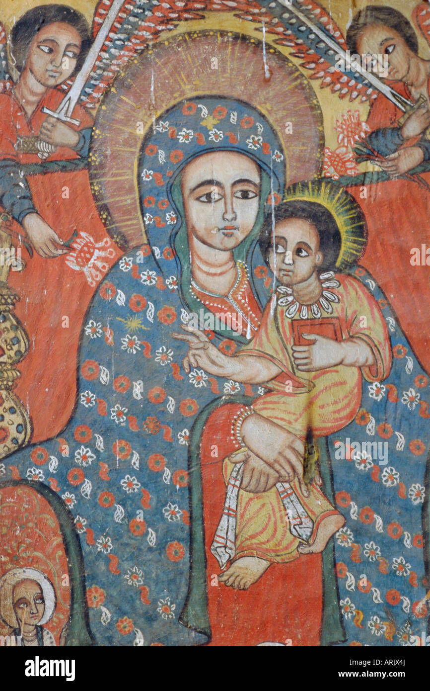 Mural of Jesus and Mary, Church of Ura Kedane Meheriet, Peninsula of Zege on Lake Tana, Gondar, Ethiopia, Africa Stock Photo