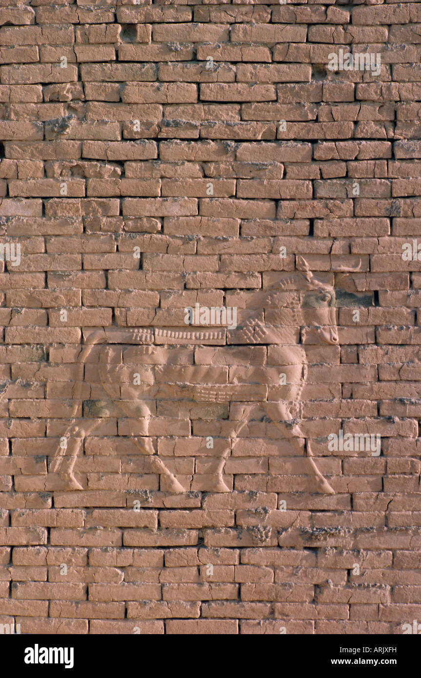 Animal in relief on the wall of the South Palace, archaeological site of Babylon, Iraq, Middle East Stock Photo