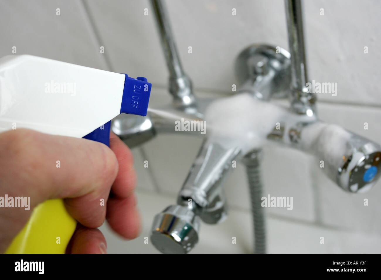 DEU, Germany : Housecleaning in a private house/apartment. Cleaning in the bathroom. Cleaning of the fittings Stock Photo