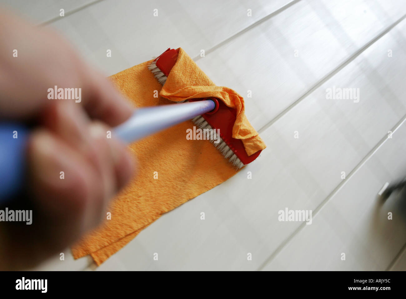 DEU, Germany : Housecleaning in a private house/apartment. Cleaning in the bathroom. Wiping the floor Stock Photo