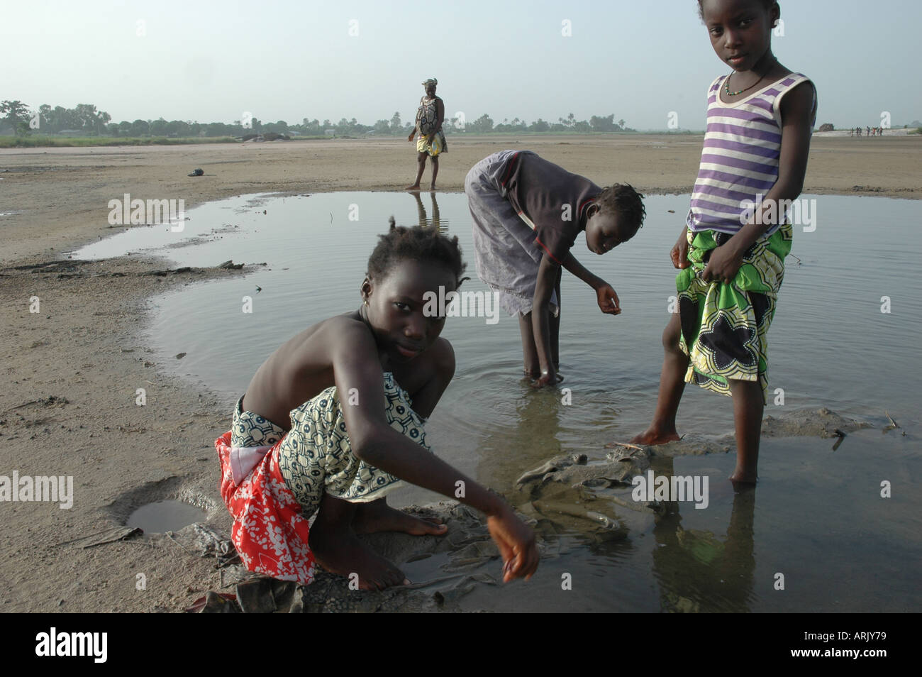 Girls searching for crabs at the end of the day The Gambia West Africa Stock Photo