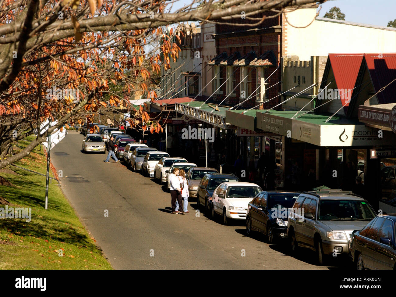 Shops and businesses on the main street of Leura in the Blue Mountains NSW Australia Stock Photo