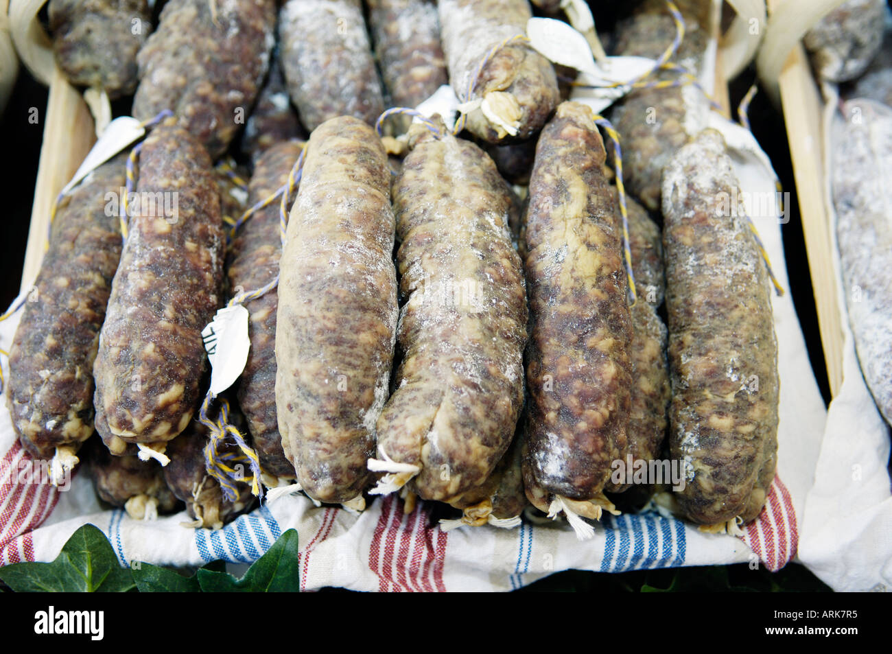 Sausage stall on european market Stock Photo Alamy