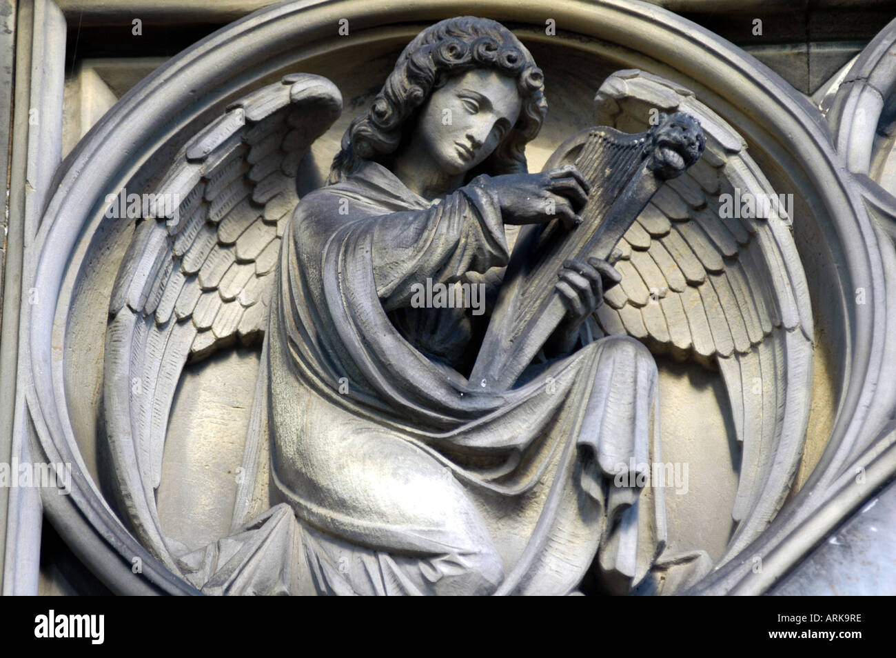 Figur of an angel at the Gothic Church St. Nikolai in Hamburg, Germany, the church is a war memorial as it was destroyed in Worl Stock Photo