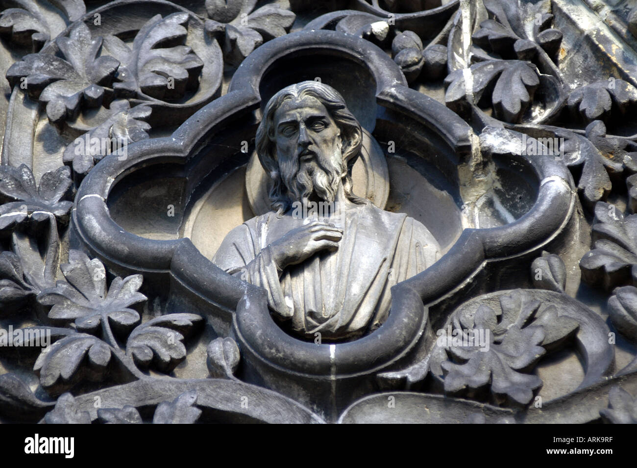 Figur of Jesus at the Gothic Church St. Nikolai in Hamburg, Germany, the church is a war memorial as it was destroyed in World W Stock Photo