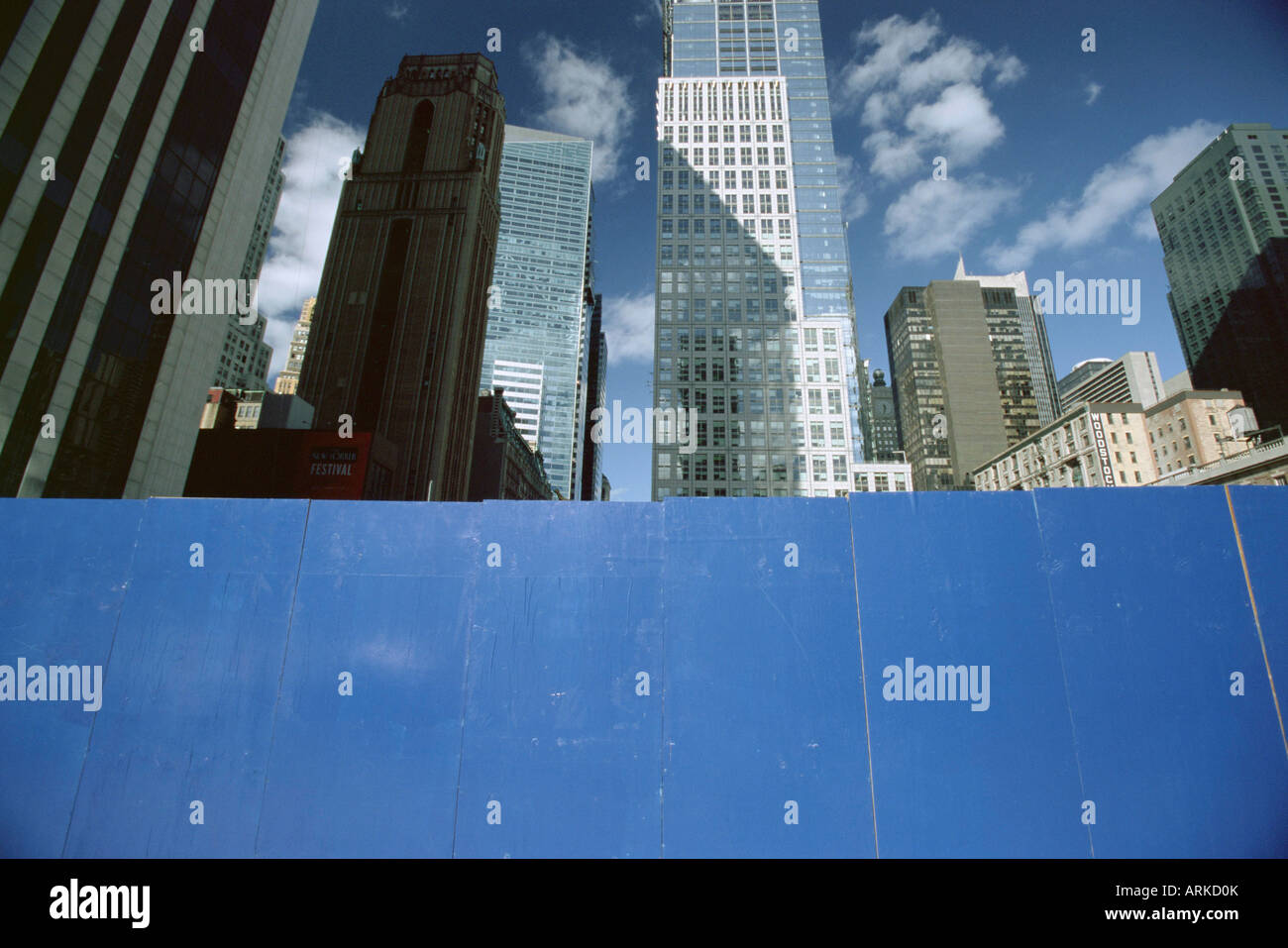 Skyscrapers behind a blue board, Manhattan, New York City, New York, USA, North America Stock Photo