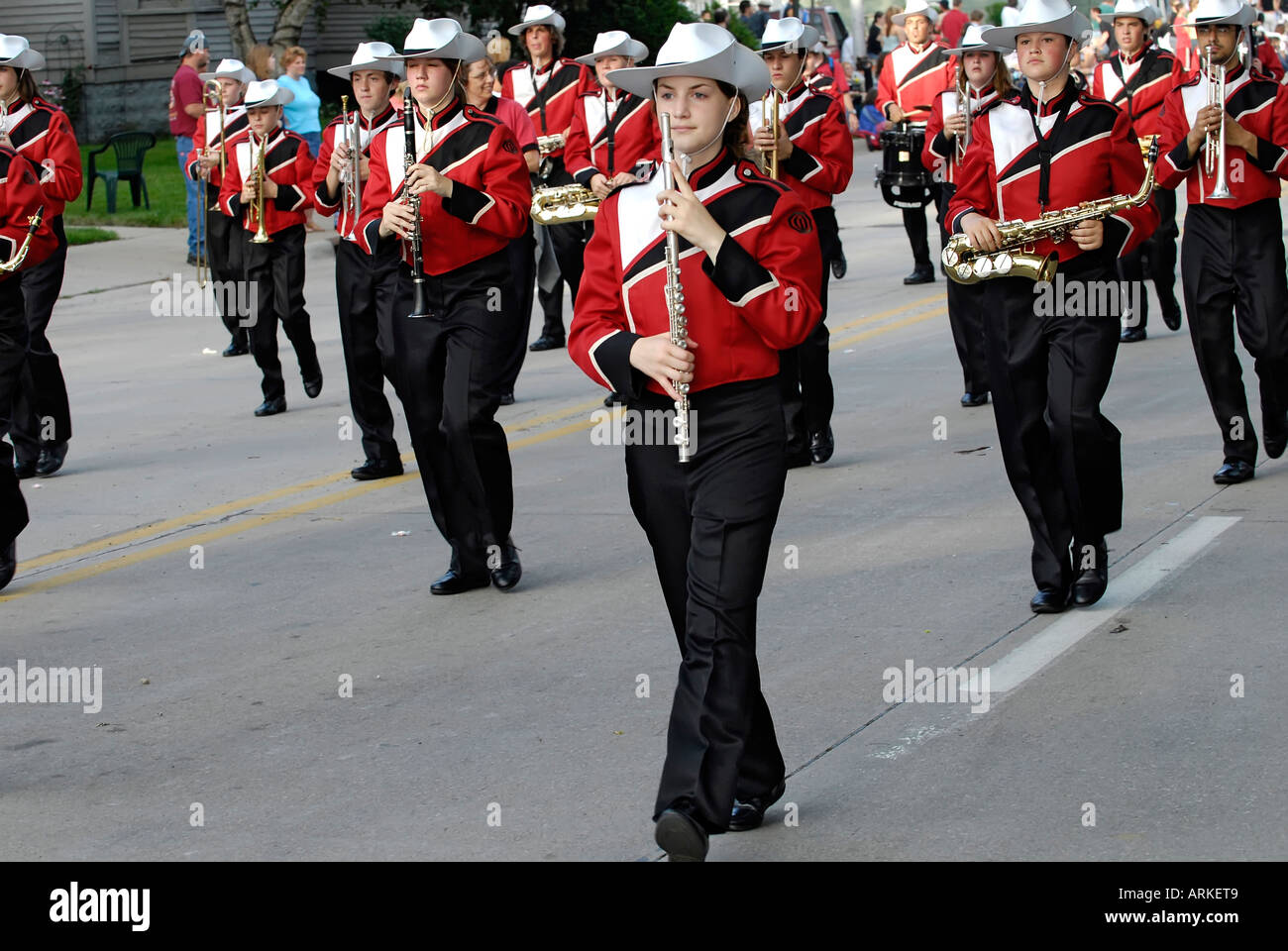 Marching band plays music during a parade Detroit Michigan Stock Photo