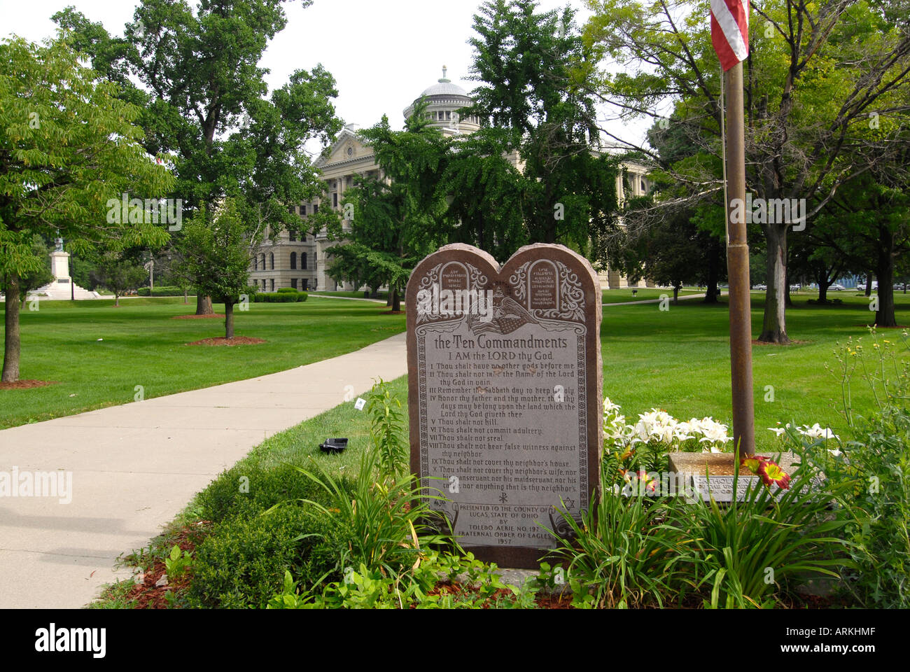 a tablet of the ten commandments on the Lucas County Courthouse lawn in Toledo Ohio OH Stock Photo