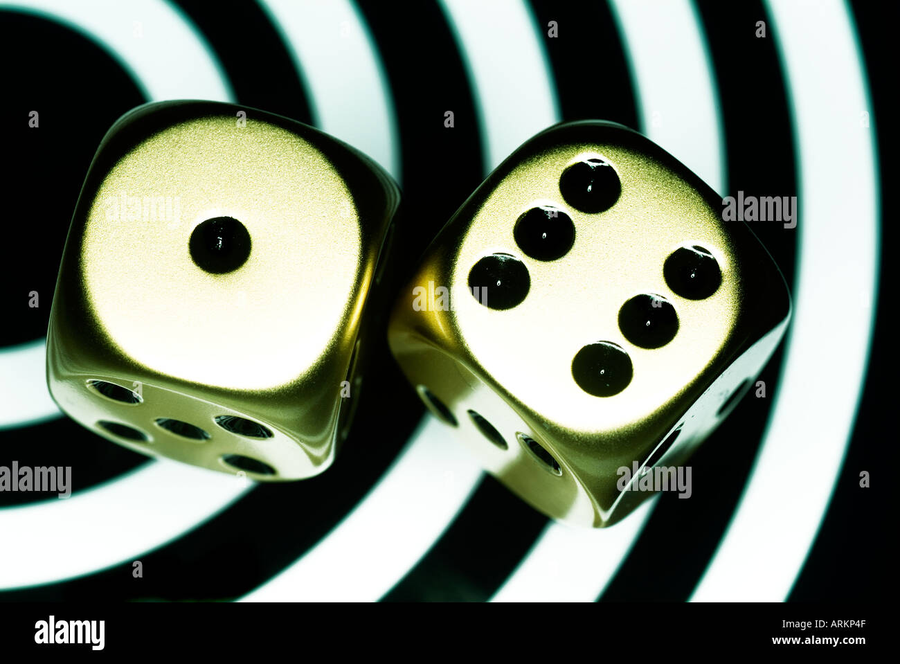 two metal dice on contemporary white and black background Stock Photo