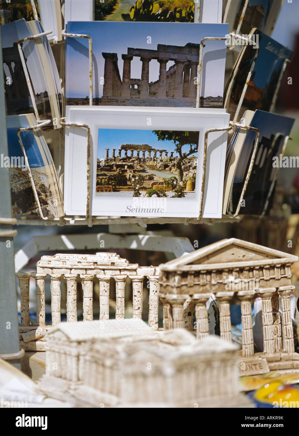 Souvenirs including models of temples and postcards for sale, Selinunte