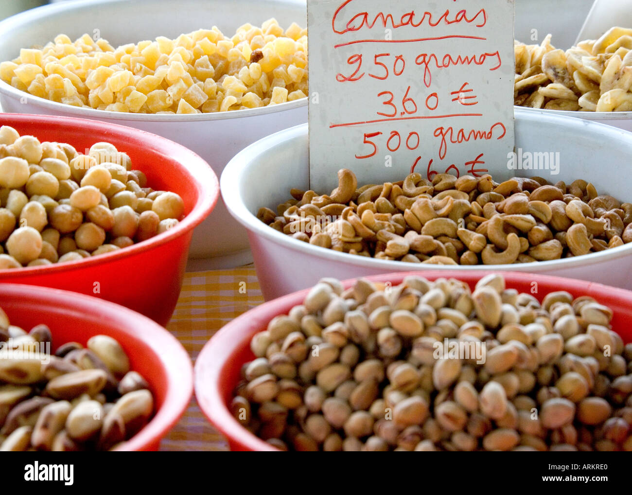 Close-up of Fruit and Nut Stall at San Fernando Market, Gran Canaria Stock Photo