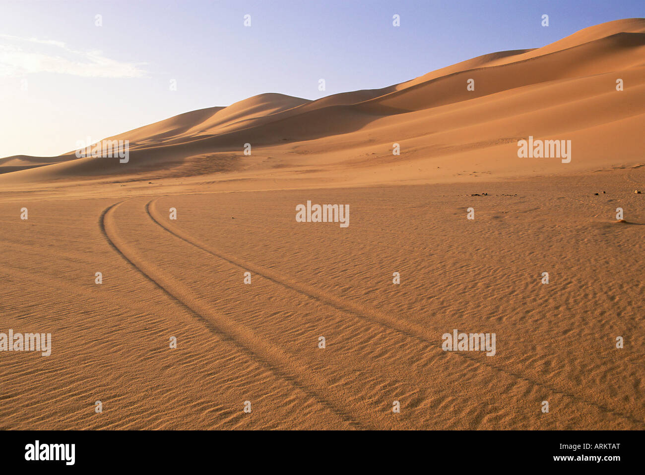 Vehicle tracks and sand dunes, Erg Murzuq, Sahara Desert, Fezzan, Libya, North Africa, Africa Stock Photo