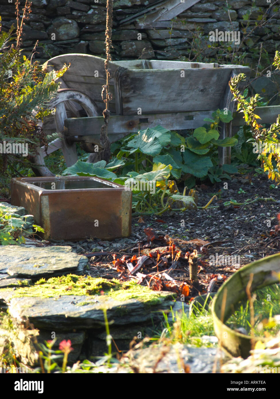 garden old wooden wheelbarrow Stock Photo