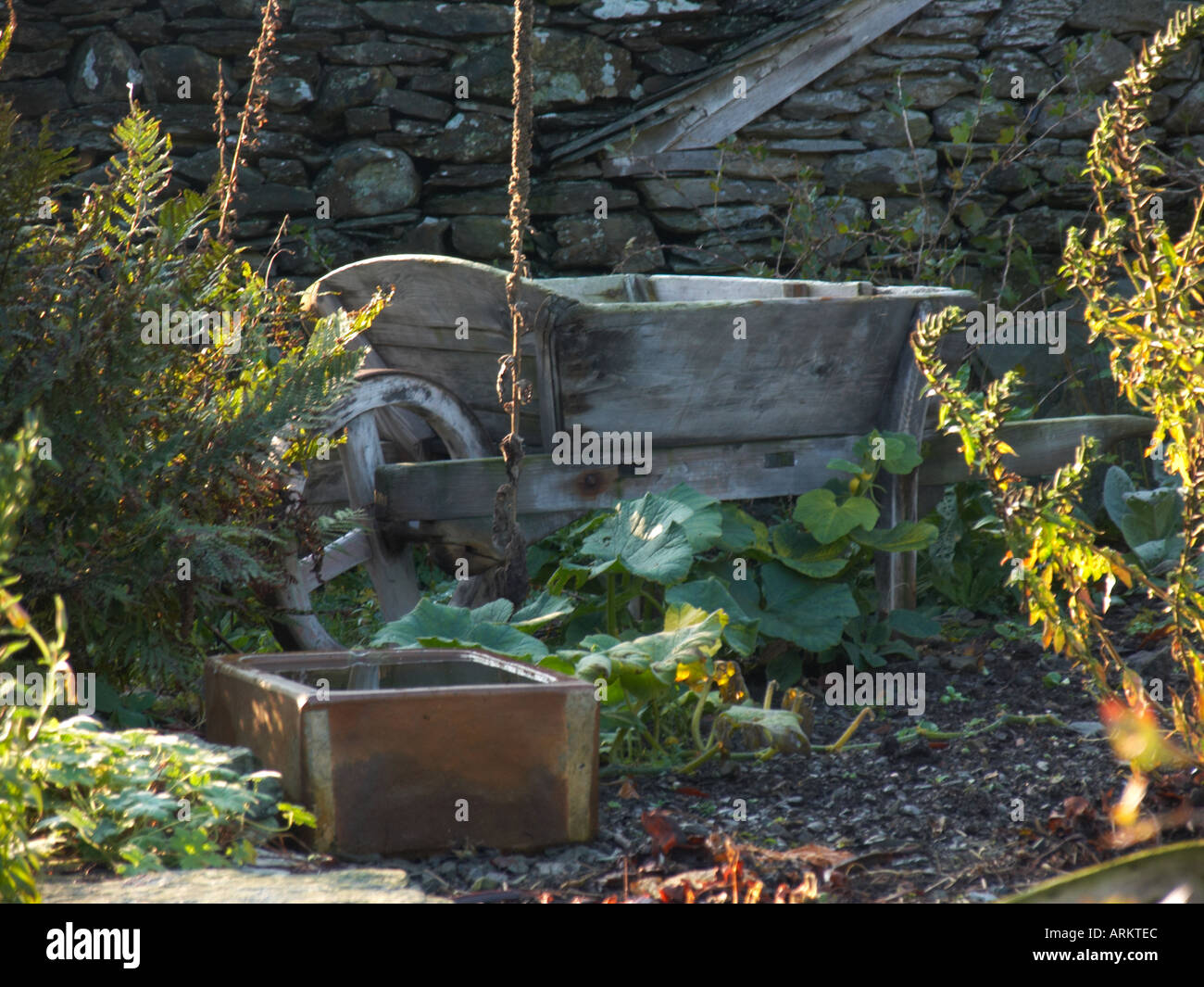 garden old wooden wheelbarrow Stock Photo