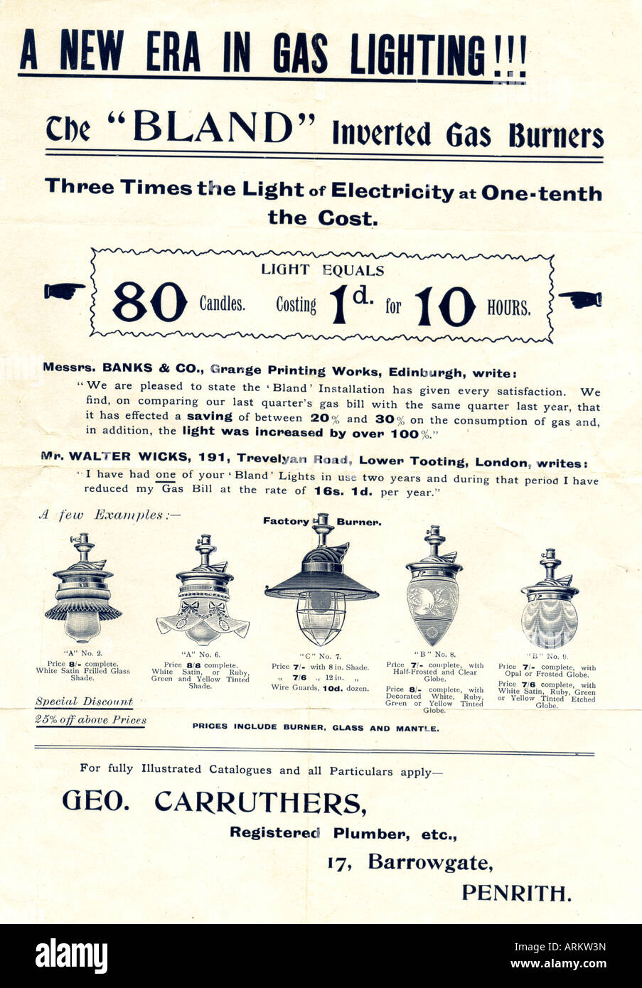 Advertisement for gas lighting circa 1890 Stock Photo